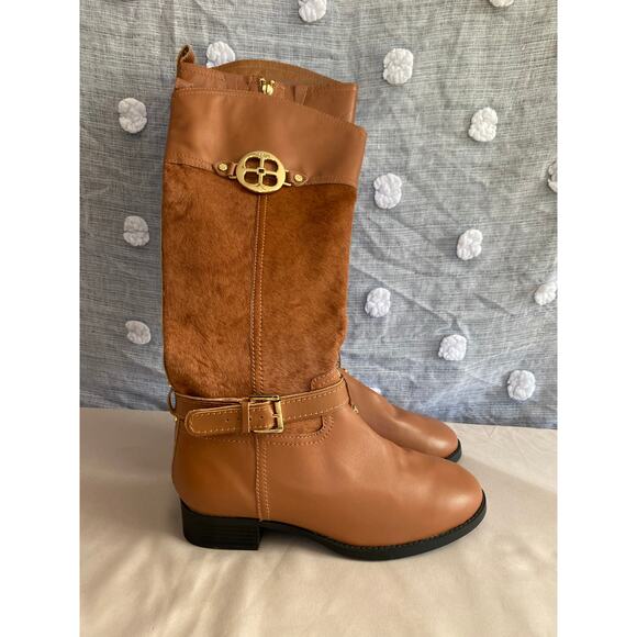 Iman Tall Riding Boots 6.5W (Fit 7–7.5) Brown Faux Leather Gold Buckle - Picture 1 of 9